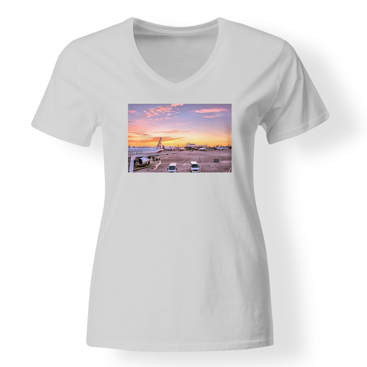 Airport Photo During Sunset Designed V-Neck T-Shirts
