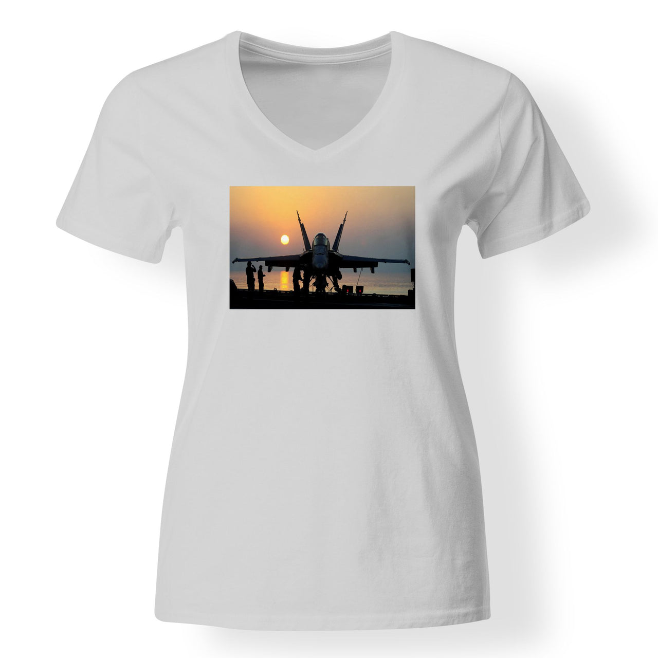 Military Jet During Sunset Designed V-Neck T-Shirts