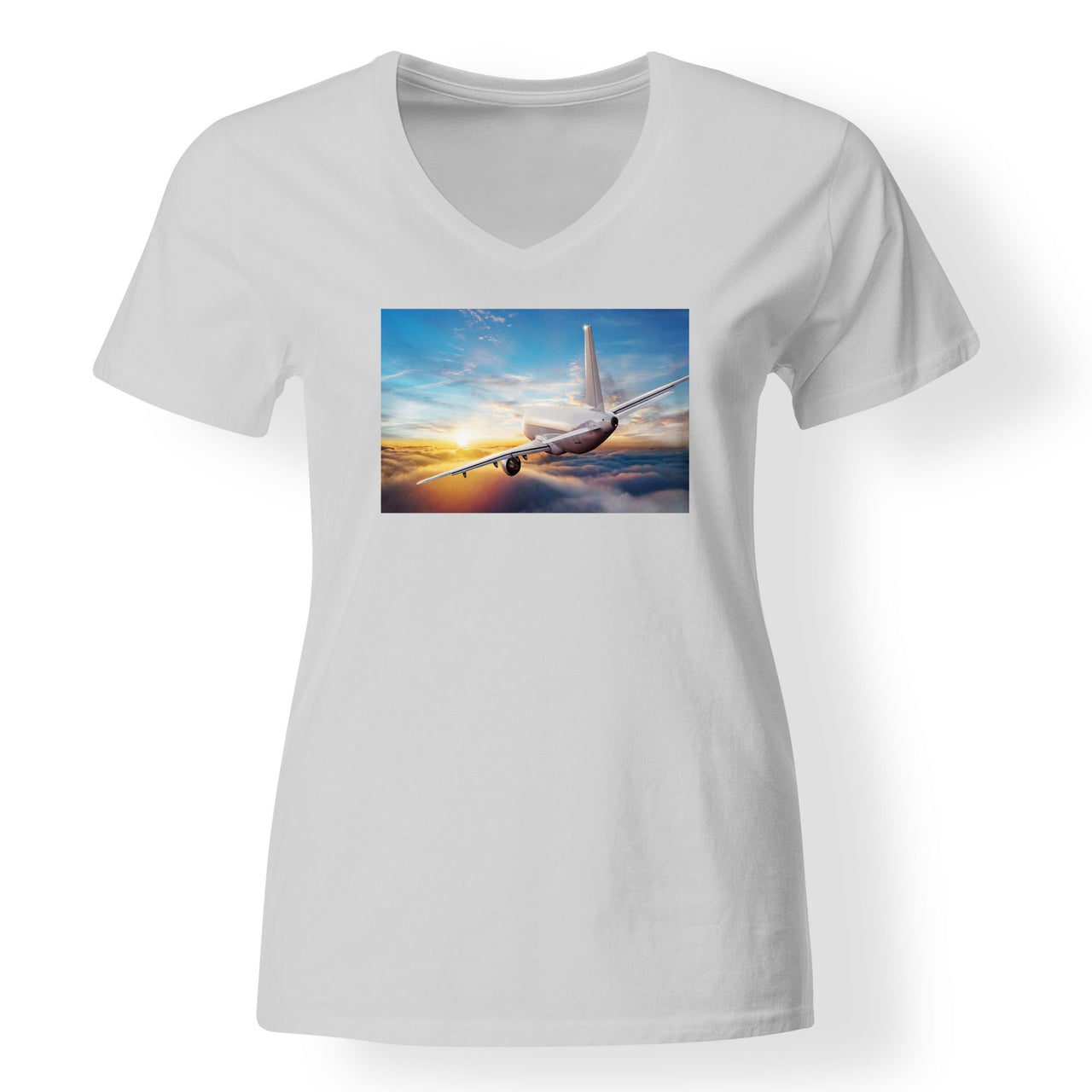 Airliner Jet Cruising over Clouds Designed V-Neck T-Shirts