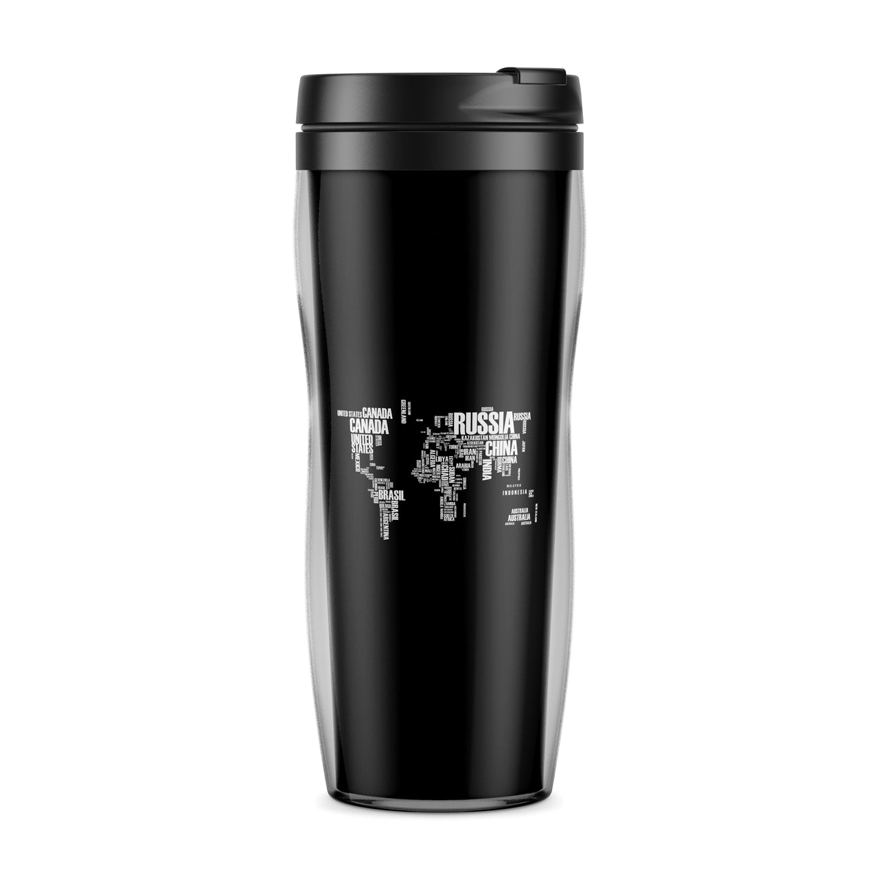 World Map (Text) Designed Travel Mugs