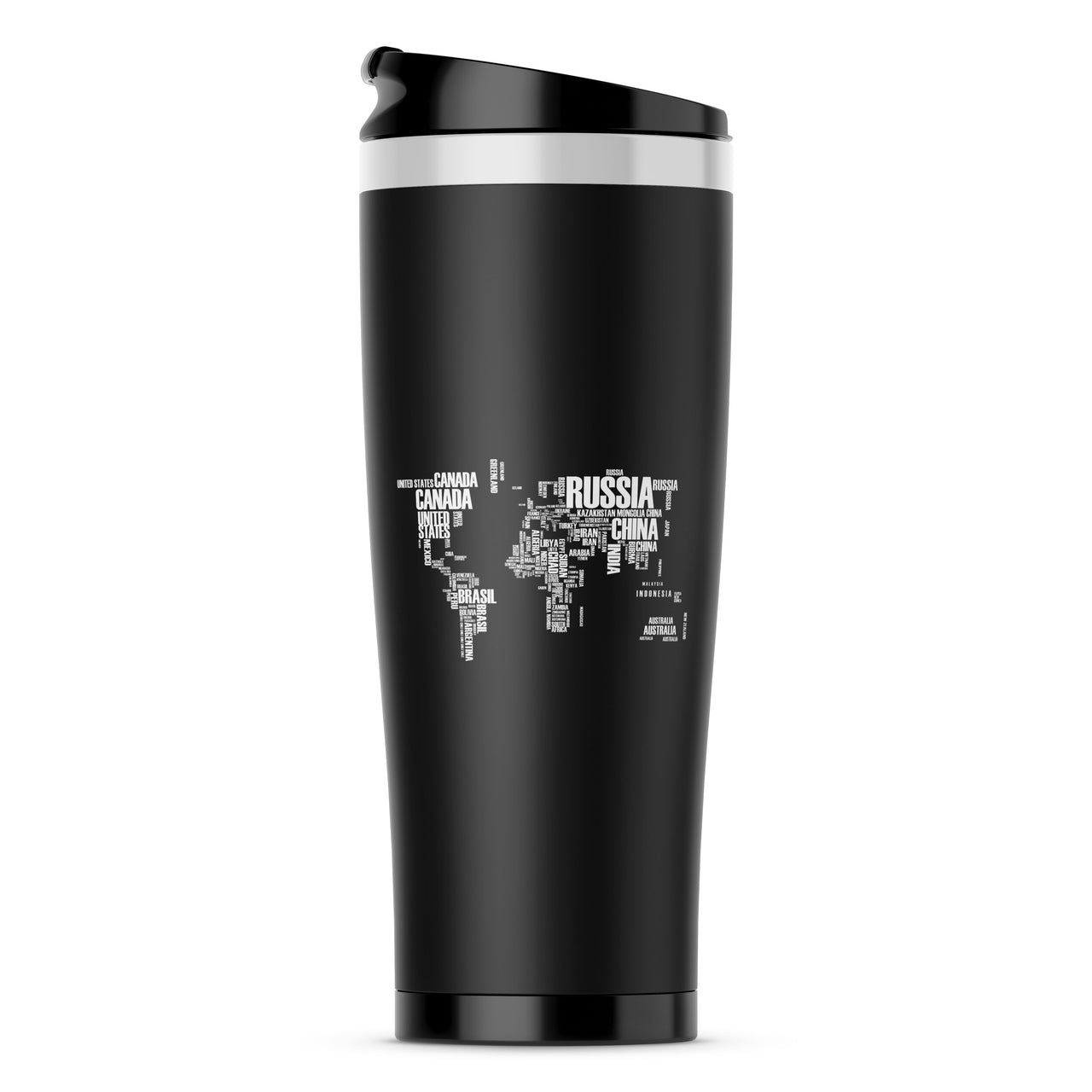 World Map (Text) Designed Travel Mugs