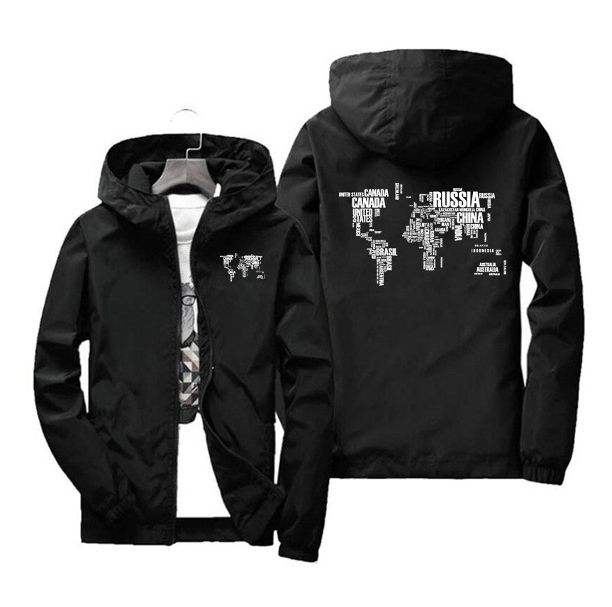 World Map (Text) Designed Windbreaker Jackets
