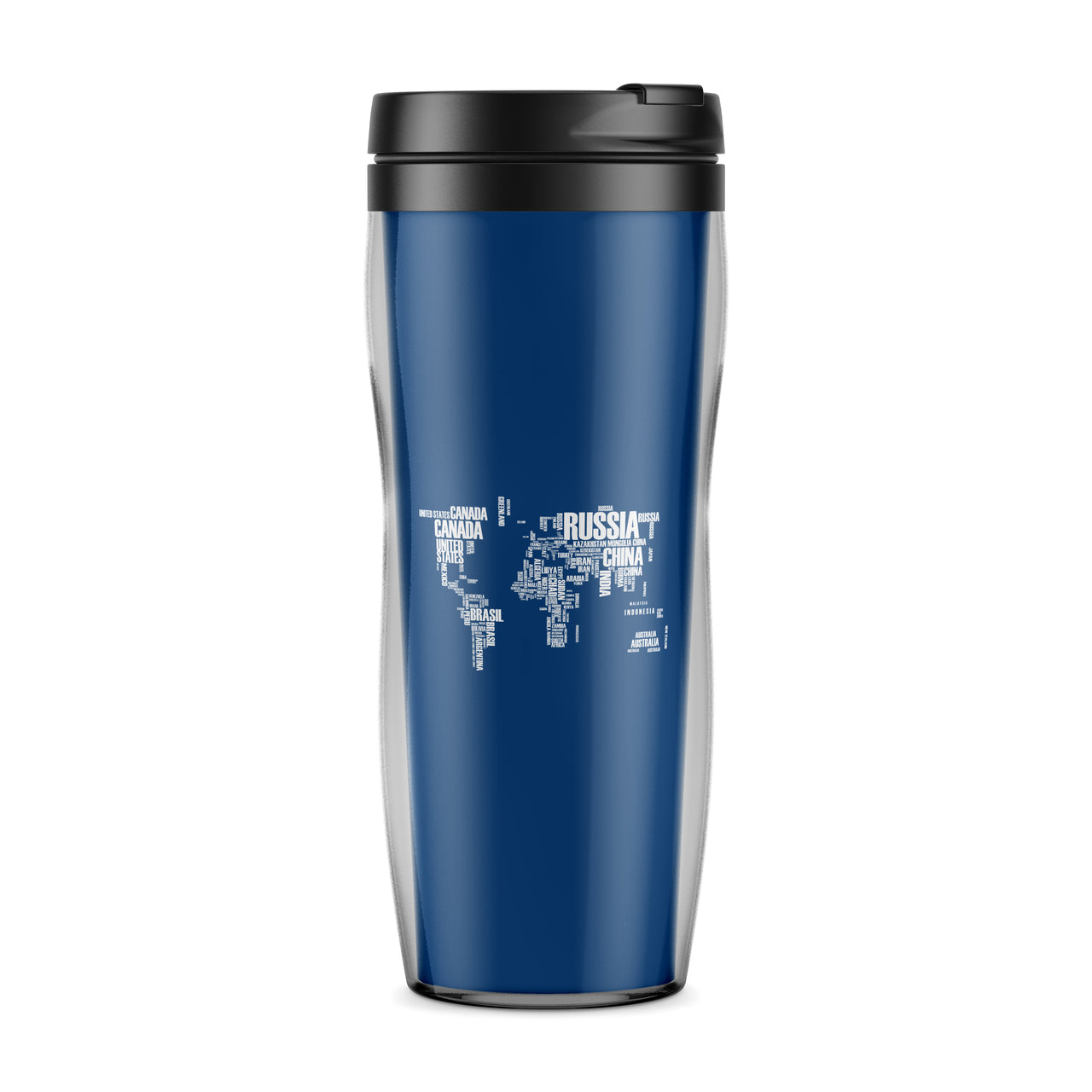 World Map (Text) Designed Travel Mugs
