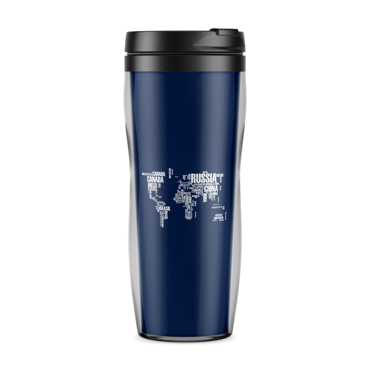 World Map (Text) Designed Travel Mugs