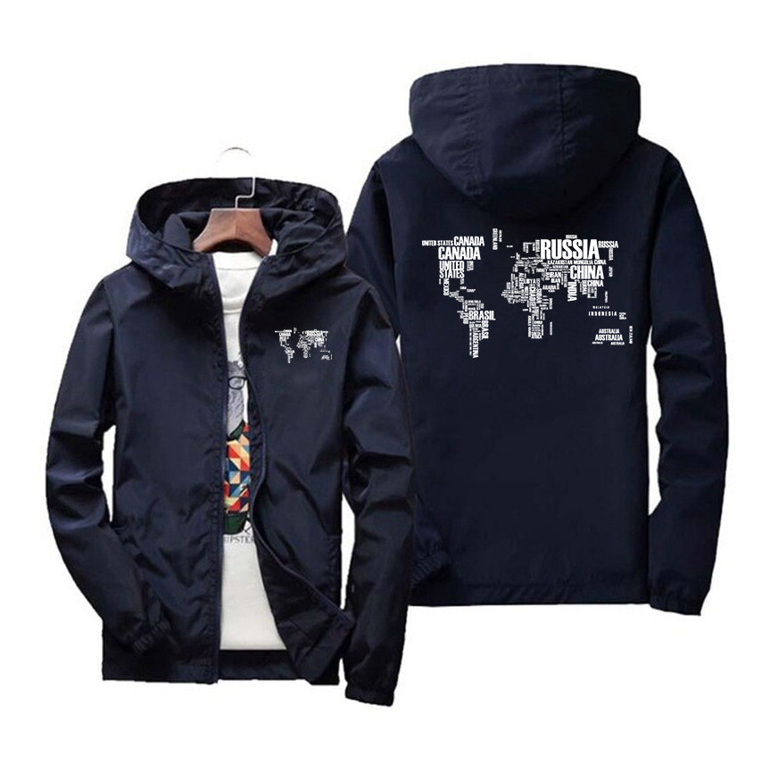 World Map (Text) Designed Windbreaker Jackets