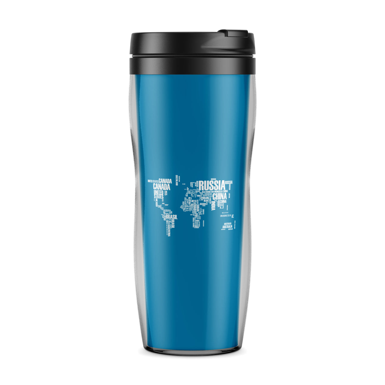 World Map (Text) Designed Travel Mugs