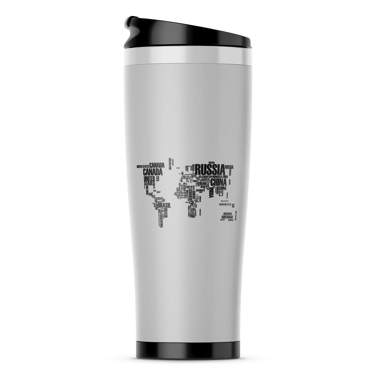 World Map (Text) Designed Travel Mugs