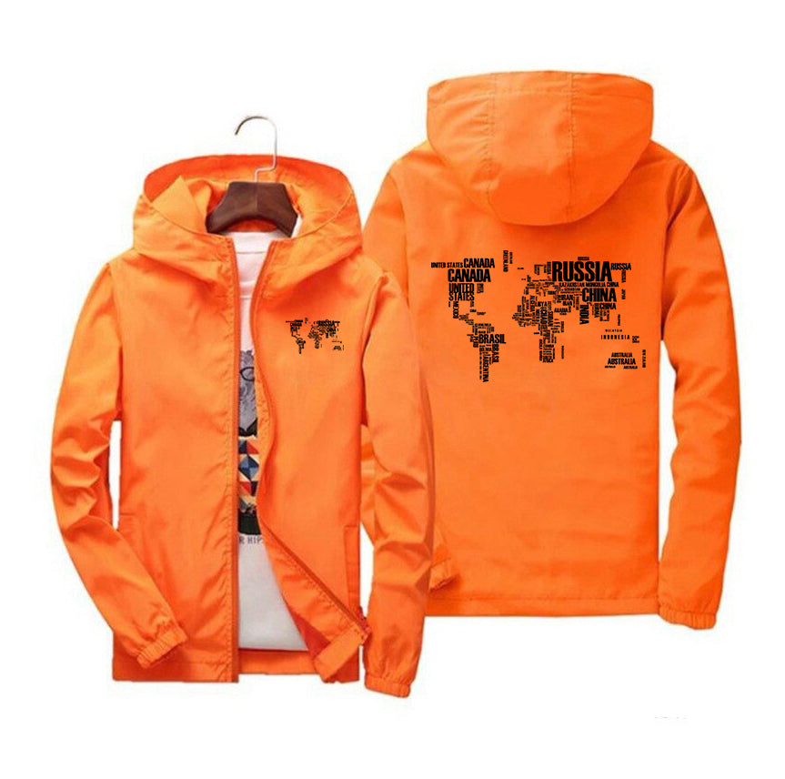 World Map (Text) Designed Windbreaker Jackets