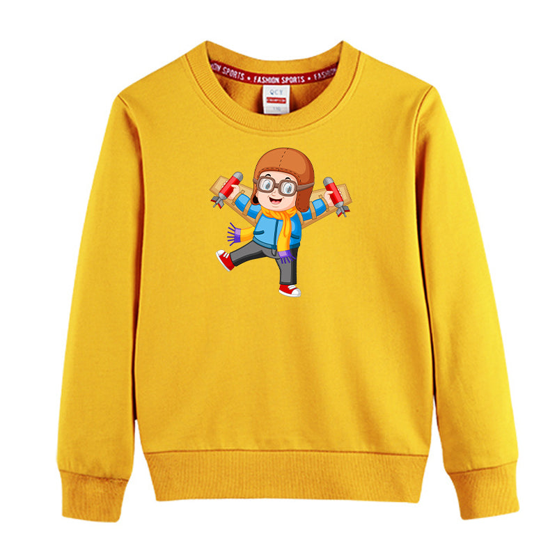 Cute Little Boy Pilot Costume Playing With Wings Designed "CHILDREN" Sweatshirts