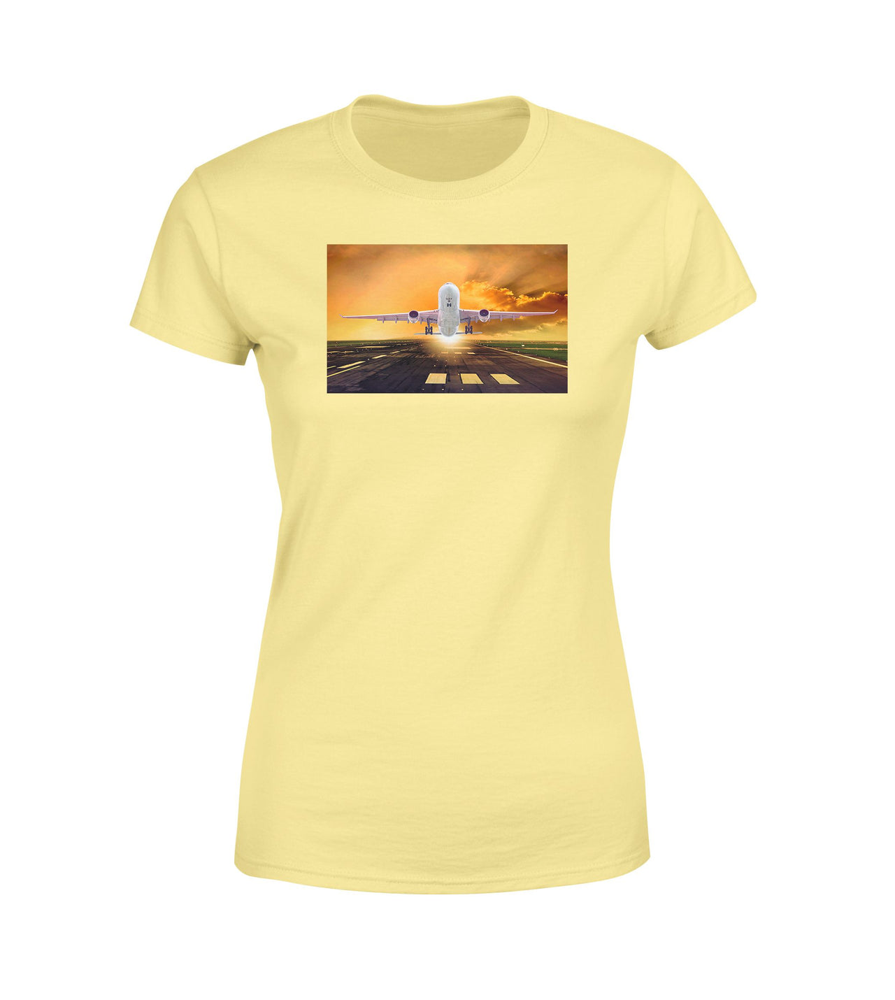 Amazing Departing Aircraft Sunset & Clouds Behind Designed Women T-Shirts