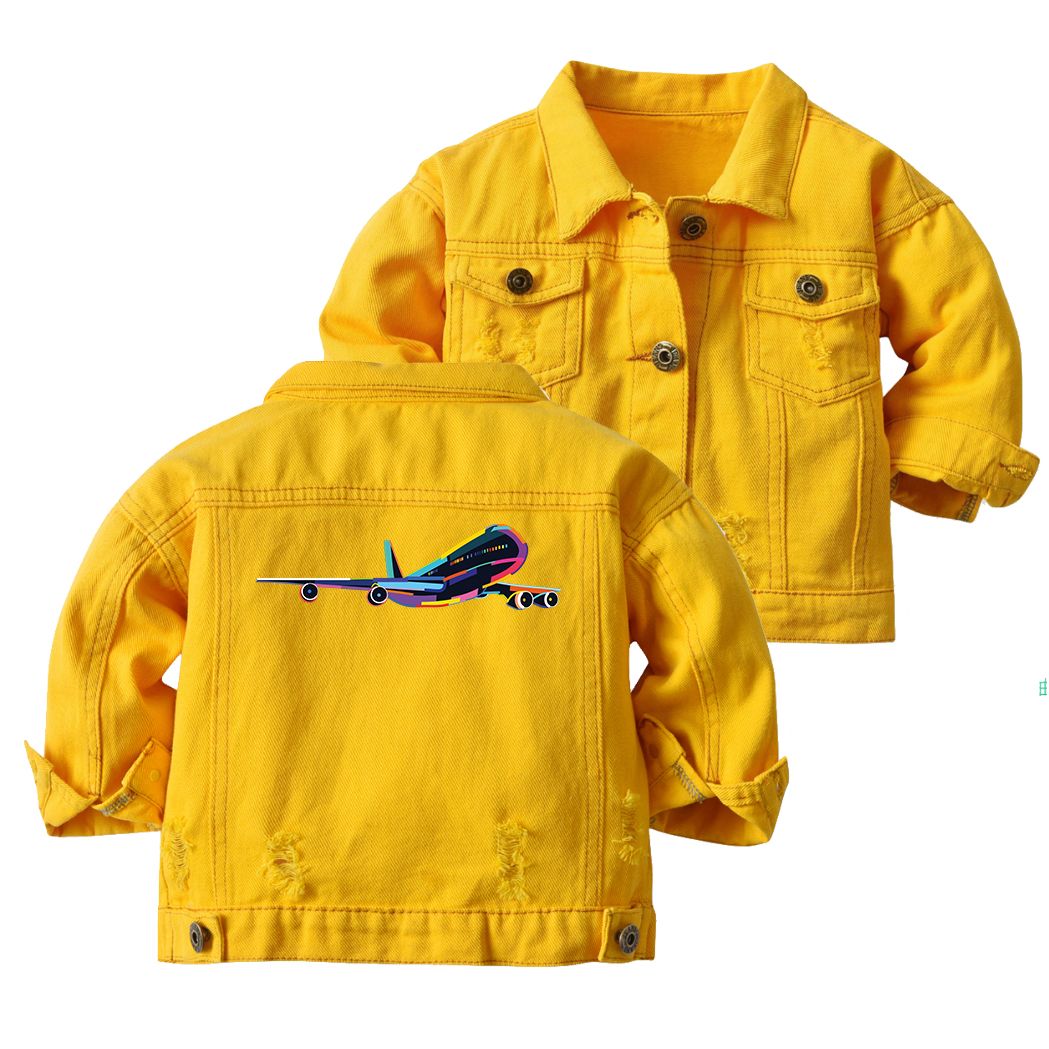 Multicolor Airplane Designed Children Denim Jackets