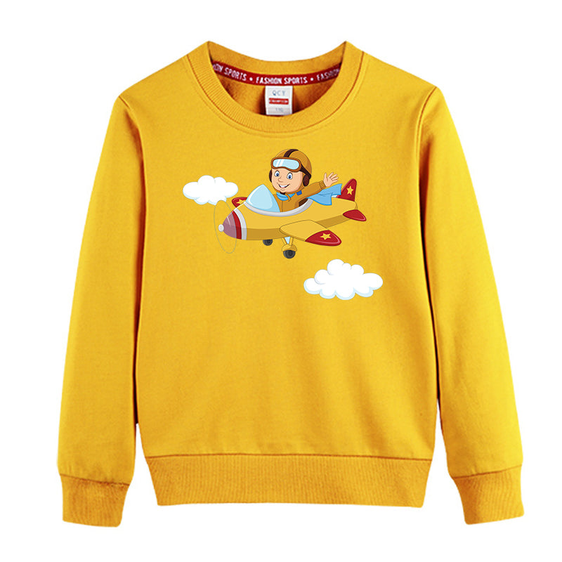 Cartoon Little Boy Operating Plane Designed "CHILDREN" Sweatshirts
