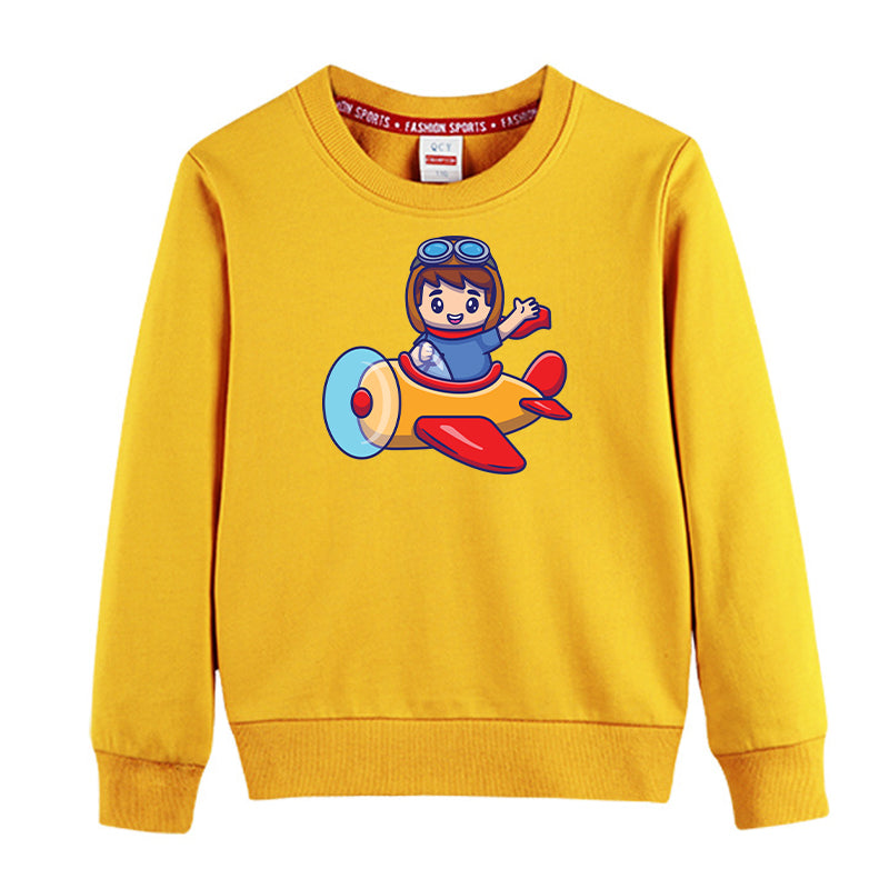 Cute Boy Driving Plane Cartoon Designed "CHILDREN" Sweatshirts