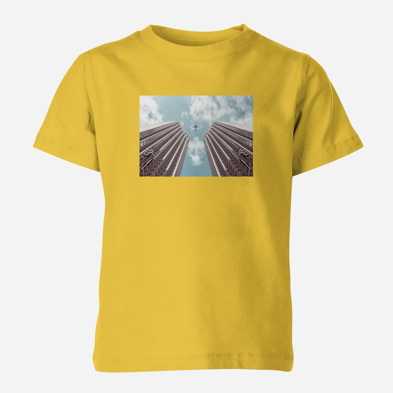 Airplane Flying over Big Buildings Designed Children T-Shirts