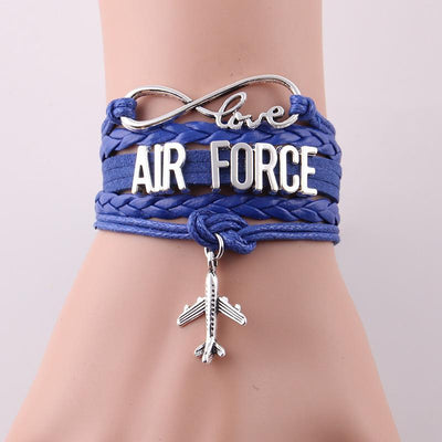 Air Force aviation-themed bracelet, polished metal.