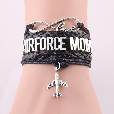 Side view of Airforce Mom aviation bracelet in polished metal, polished finish.