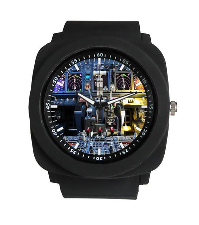 Side view of Boeing 737 Cockpit Rubber aviation watch in stainless steel, polished finish.