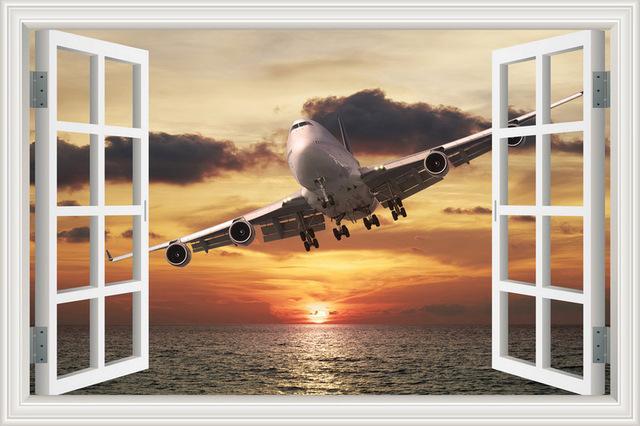 Boeing 747 Over Sea & Sunset Behind Printed Wall Stickers