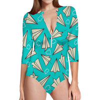 Thumbnail for Super Cool Paper Airplanes Designed Deep V Swim Bodysuits