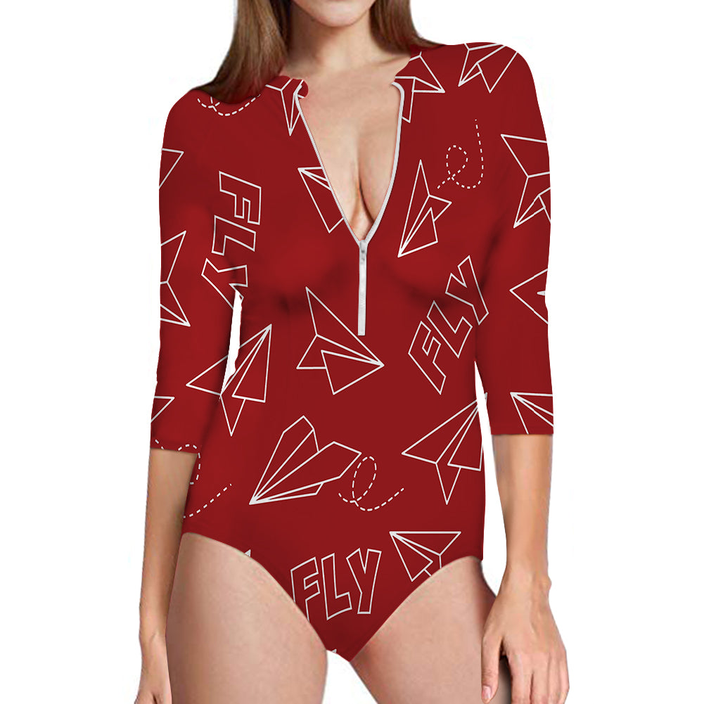 Paper Airplane & Fly (Red) Designed Deep V Swim Bodysuits