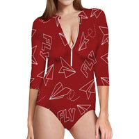Thumbnail for Paper Airplane & Fly (Red) Designed Deep V Swim Bodysuits