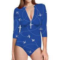 Thumbnail for Travel The World By Plane (Blue) Designed Deep V Swim Bodysuits