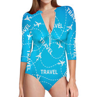 Thumbnail for Travel & Planes Designed Deep V Swim Bodysuits
