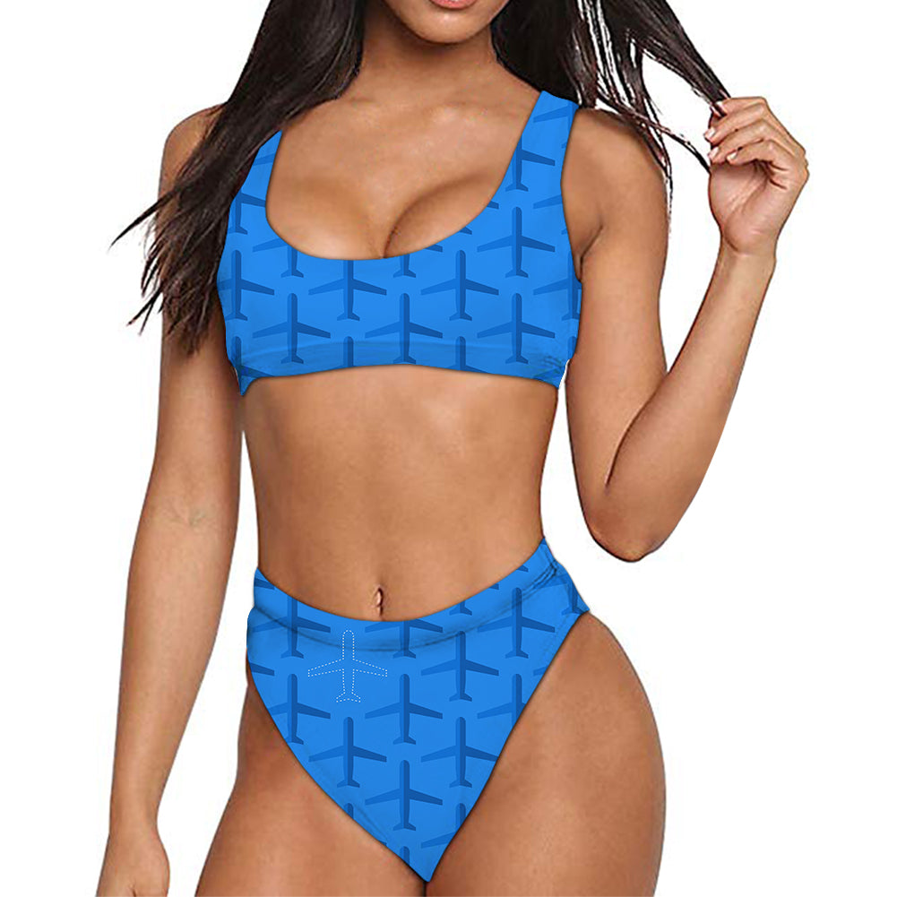 Blue Seamless Airplanes Designed Women Bikini Set Swimsuit