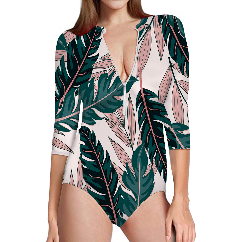 Seamless Palm Leafs Designed Deep V Swim Bodysuits