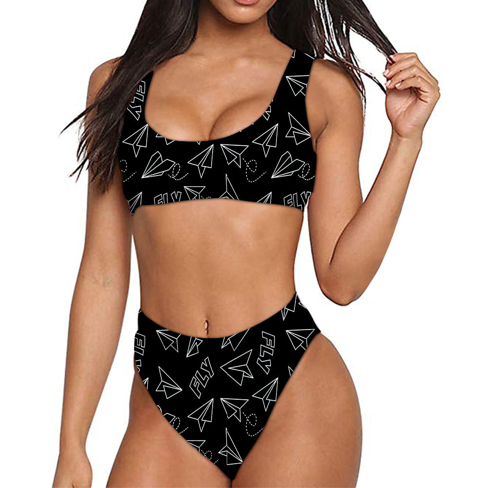 Paper Airplane & Fly Black Designed Women Bikini Set Swimsuit