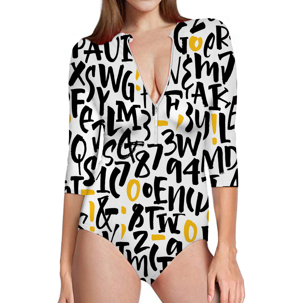 Mixed Letters Designed Deep V Swim Bodysuits