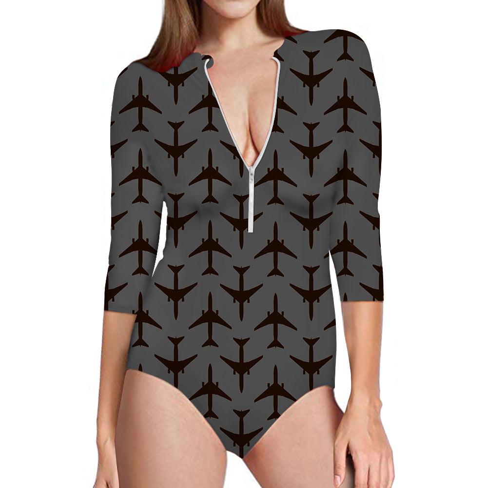 Perfectly Sized Seamless Airplanes Gray Designed Deep V Swim Bodysuits
