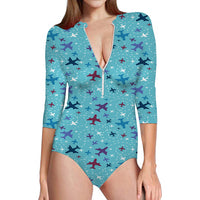 Thumbnail for Love of Travel with Aircraft Designed Deep V Swim Bodysuits