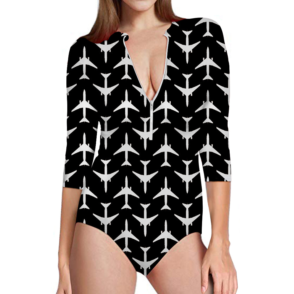 Perfectly Sized Seamless Airplanes Black Designed Deep V Swim Bodysuits