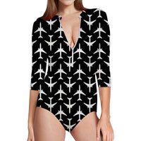 Thumbnail for Perfectly Sized Seamless Airplanes Black Designed Deep V Swim Bodysuits