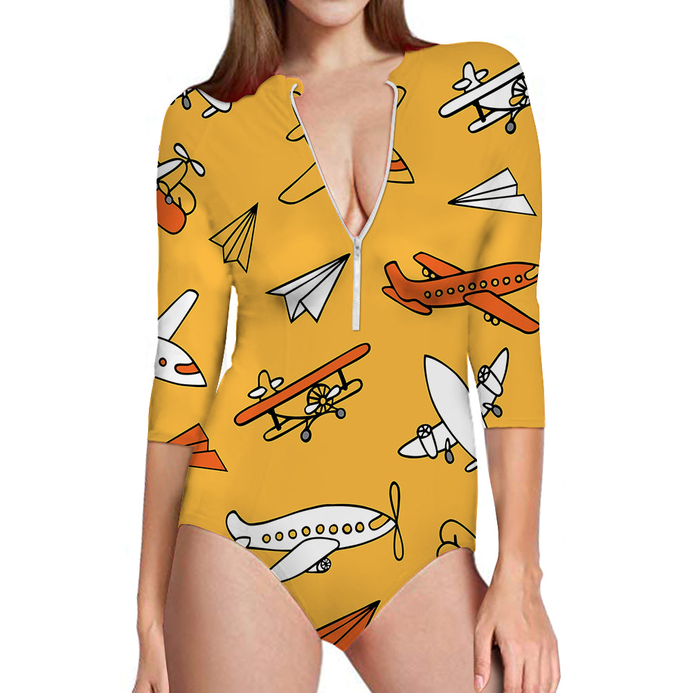 Super Drawings of Airplanes Designed Deep V Swim Bodysuits