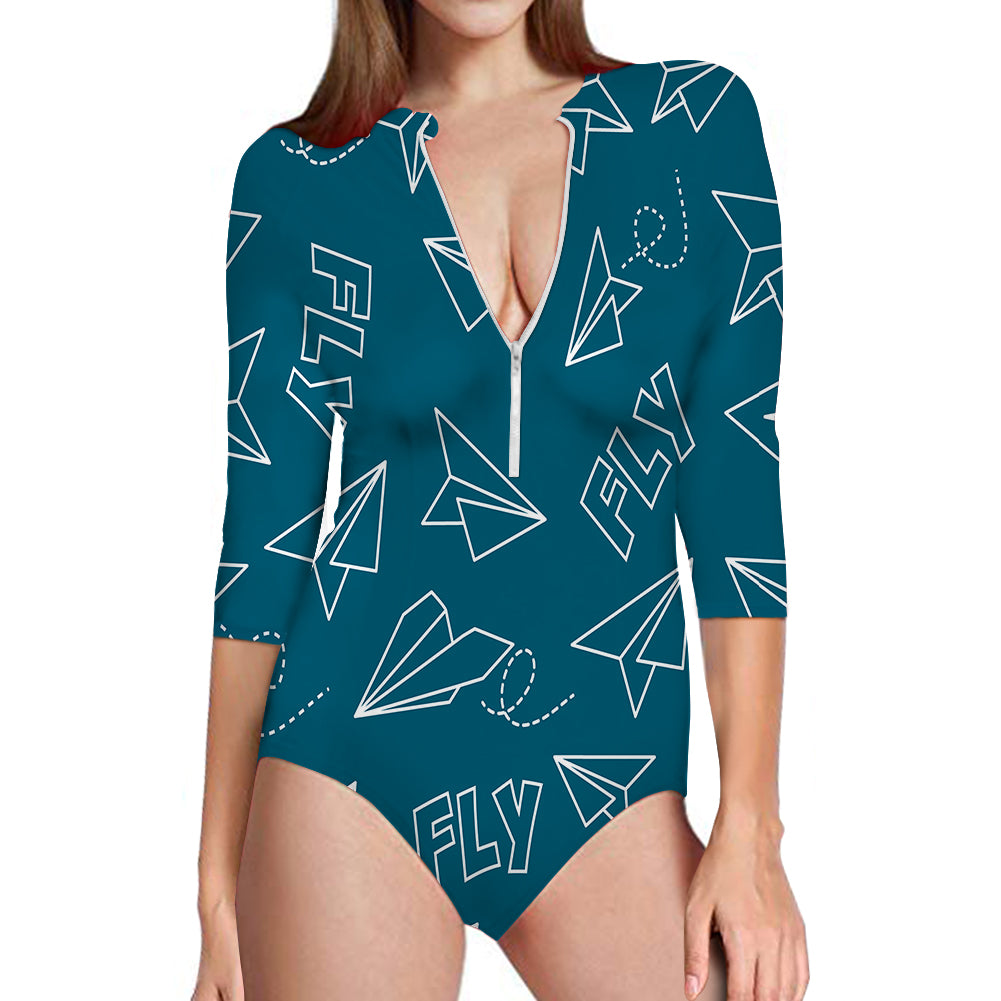 Paper Airplane & Fly Green Designed Deep V Swim Bodysuits
