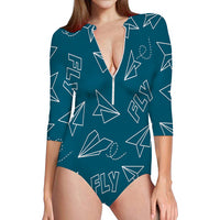 Thumbnail for Paper Airplane & Fly Green Designed Deep V Swim Bodysuits