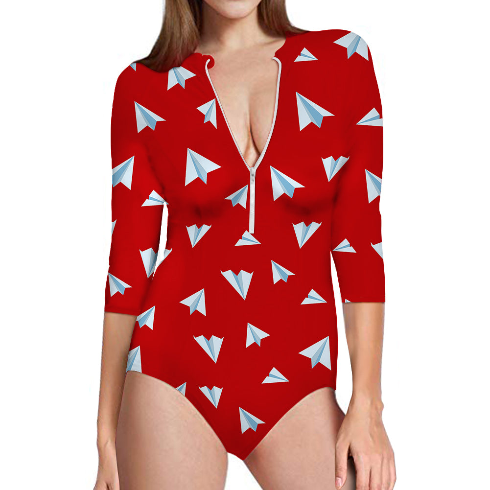 Paper Airplanes (Red) Designed Deep V Swim Bodysuits