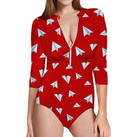 Thumbnail for Paper Airplanes (Red) Designed Deep V Swim Bodysuits