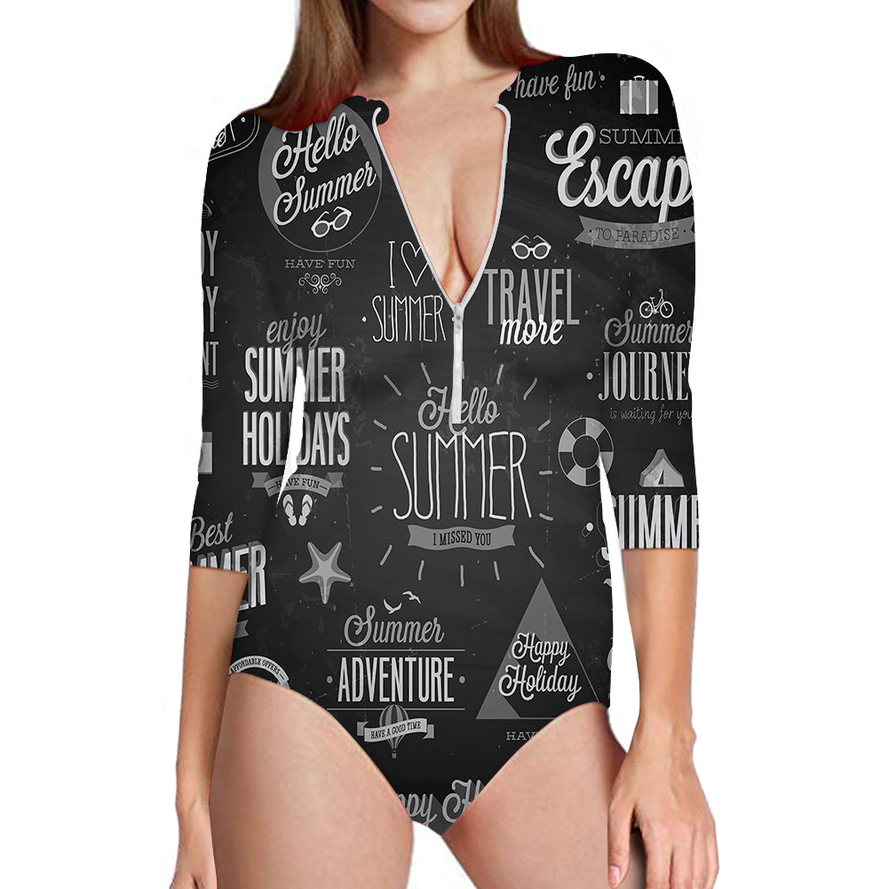 Black & White Super Travel Icons Designed Deep V Swim Bodysuits