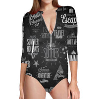 Thumbnail for Black & White Super Travel Icons Designed Deep V Swim Bodysuits