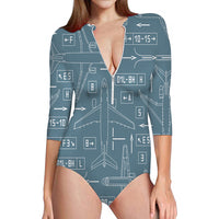 Thumbnail for Jet Planes & Airport Signs Designed Deep V Swim Bodysuits