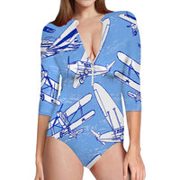 Thumbnail for Retro & Vintage Airplanes Designed Deep V Swim Bodysuits