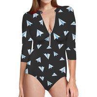 Thumbnail for Paper Airplanes (Gray) Designed Deep V Swim Bodysuits