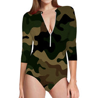 Thumbnail for Military Camouflage Army Green Designed Deep V Swim Bodysuits