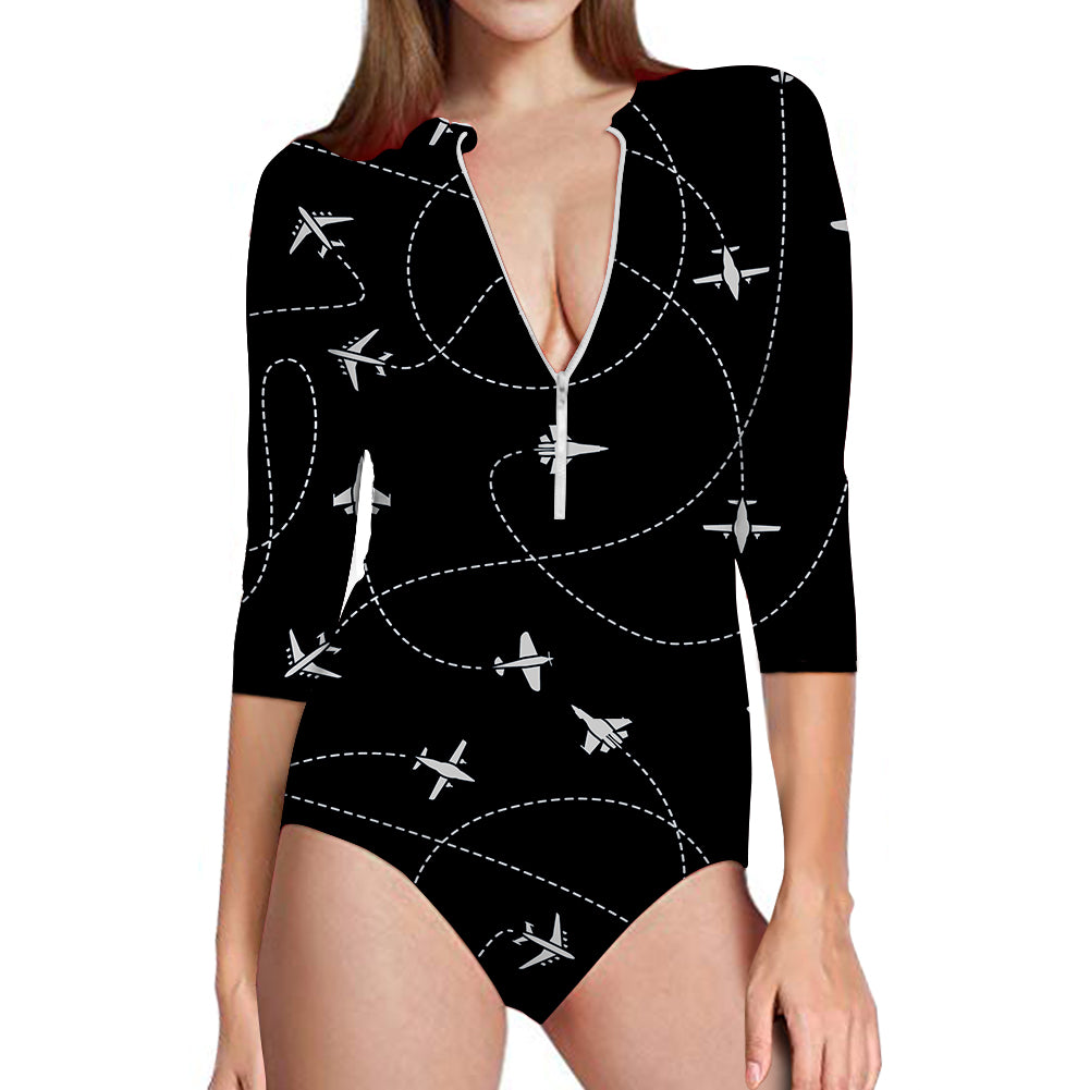 Travel The World By Plane (Black) Designed Deep V Swim Bodysuits