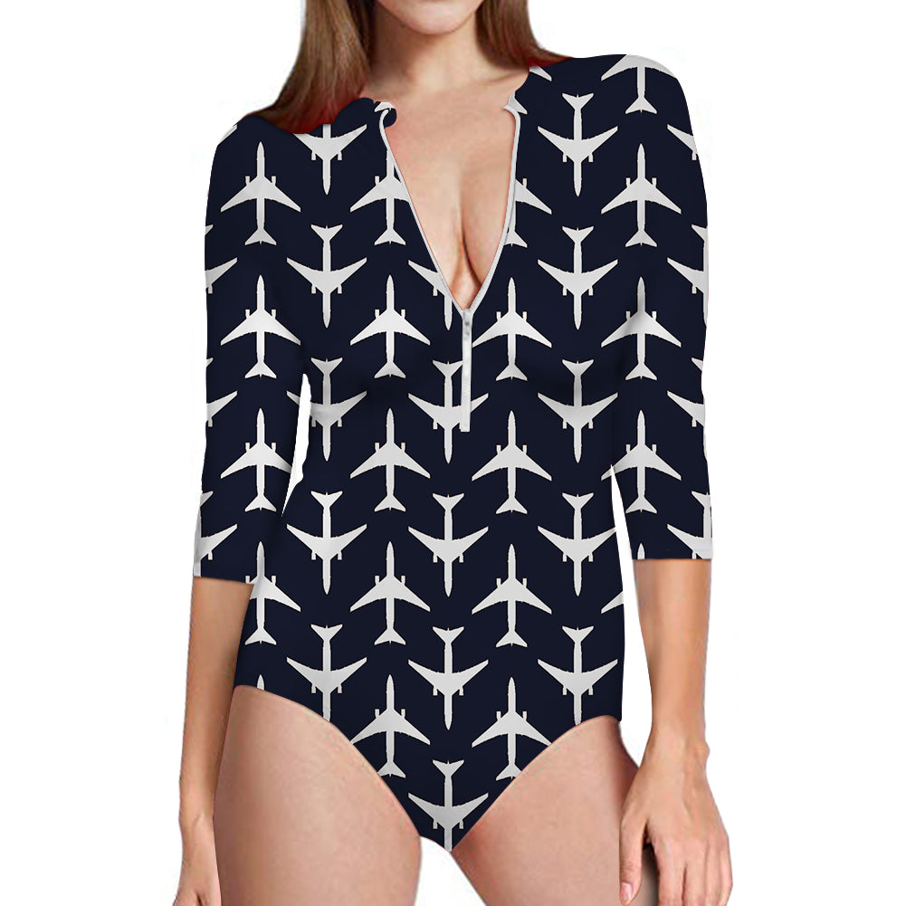 Perfectly Sized Seamless Airplanes Dark Blue Designed Deep V Swim Bodysuits
