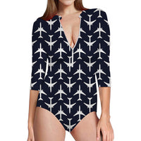 Thumbnail for Perfectly Sized Seamless Airplanes Dark Blue Designed Deep V Swim Bodysuits