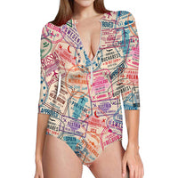 Thumbnail for Passport Stamps Designed Deep V Swim Bodysuits